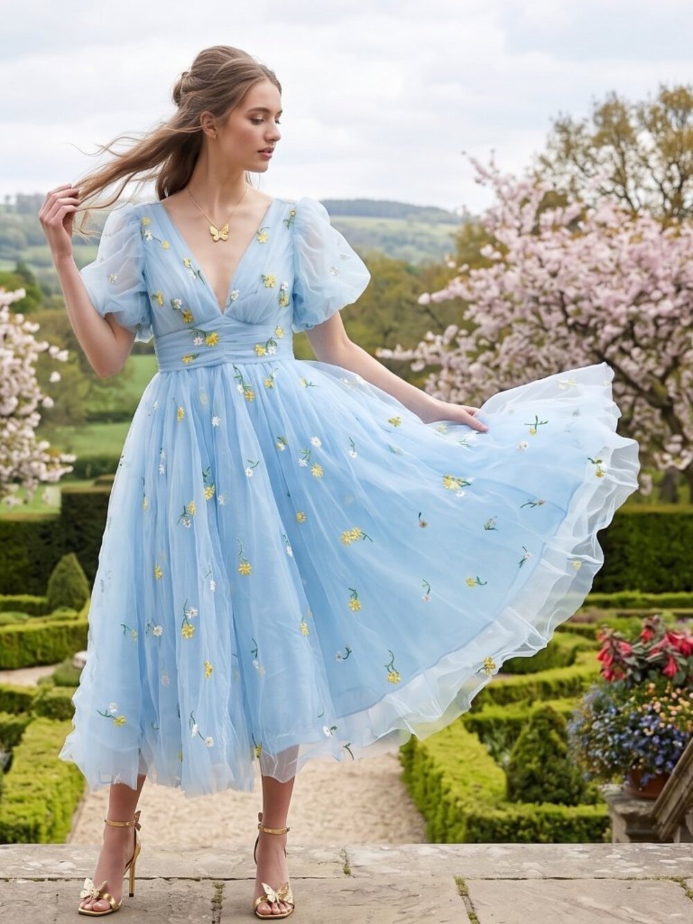 Light Blue V-Neck Prom Dress Lace Up Vack Side Pockets Tea Length Size 4 US
